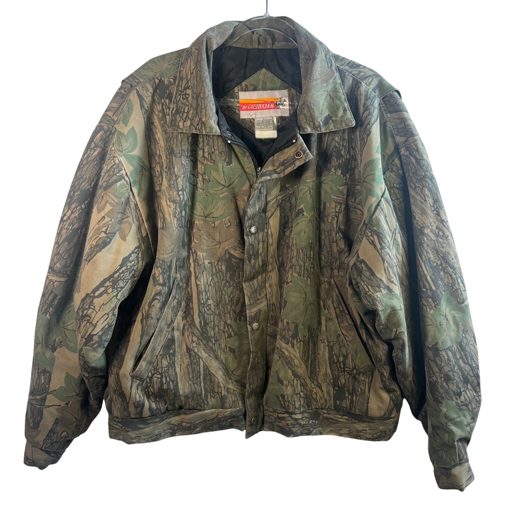 Vtg Winchester Trebark Camo Jacket Mens Large Hunting‎ Bomber Quilted Lined